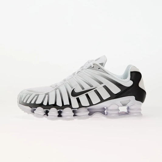 Nike Shox TL White/Black-Metallic Platinum athletic shoes featuring breathable mesh and TPU overlays