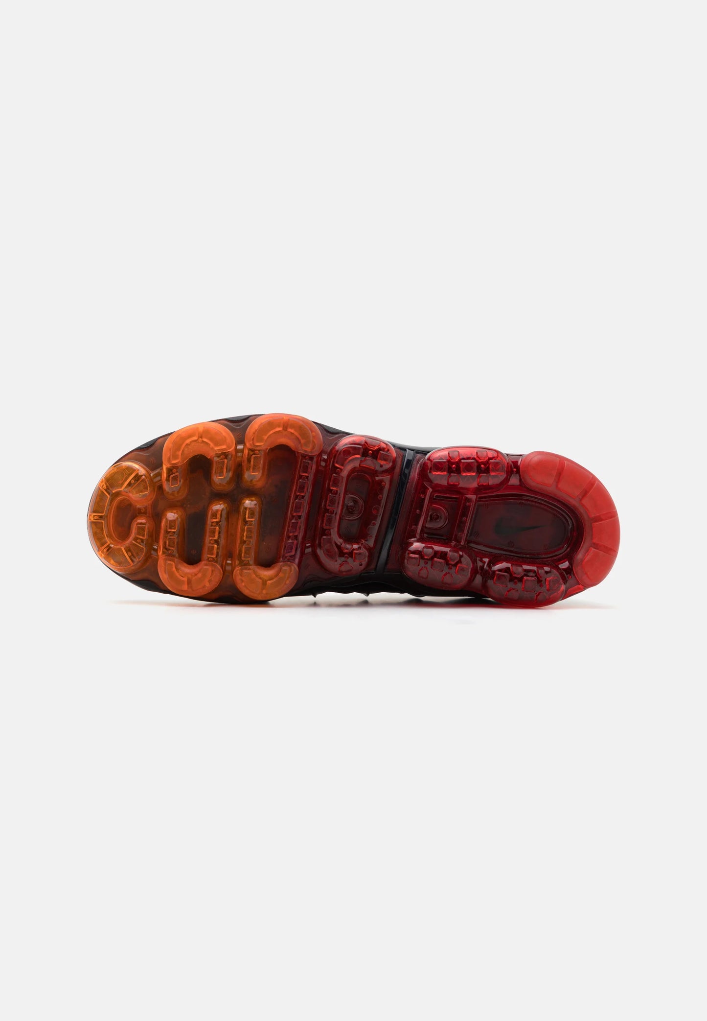 Nike Air VaporMax Plus Black Red Orange sneaker sole view with vibrant colors