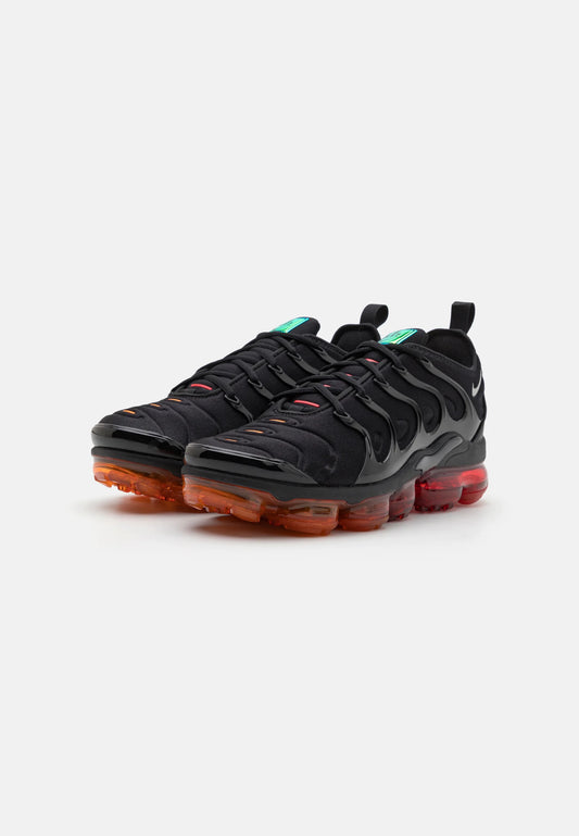 Nike Air VaporMax Plus Black Red Orange sneakers showcasing a bold design with a combination of black and red-orange colors.