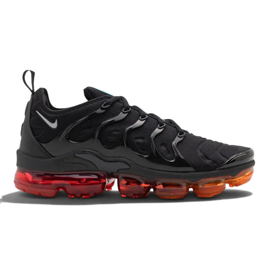 Nike Air VaporMax Plus Black Red Orange sneaker profile view with distinctive colorway and modern design.