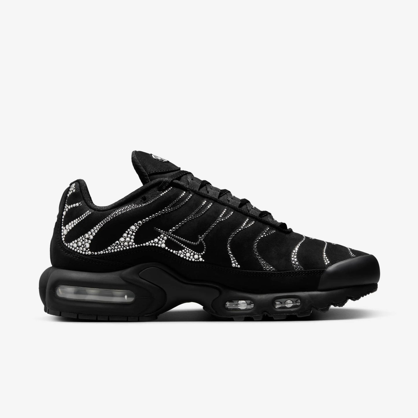 Nike Air Max Plus TN x Swarovski sneaker with crystal detailing in black color.