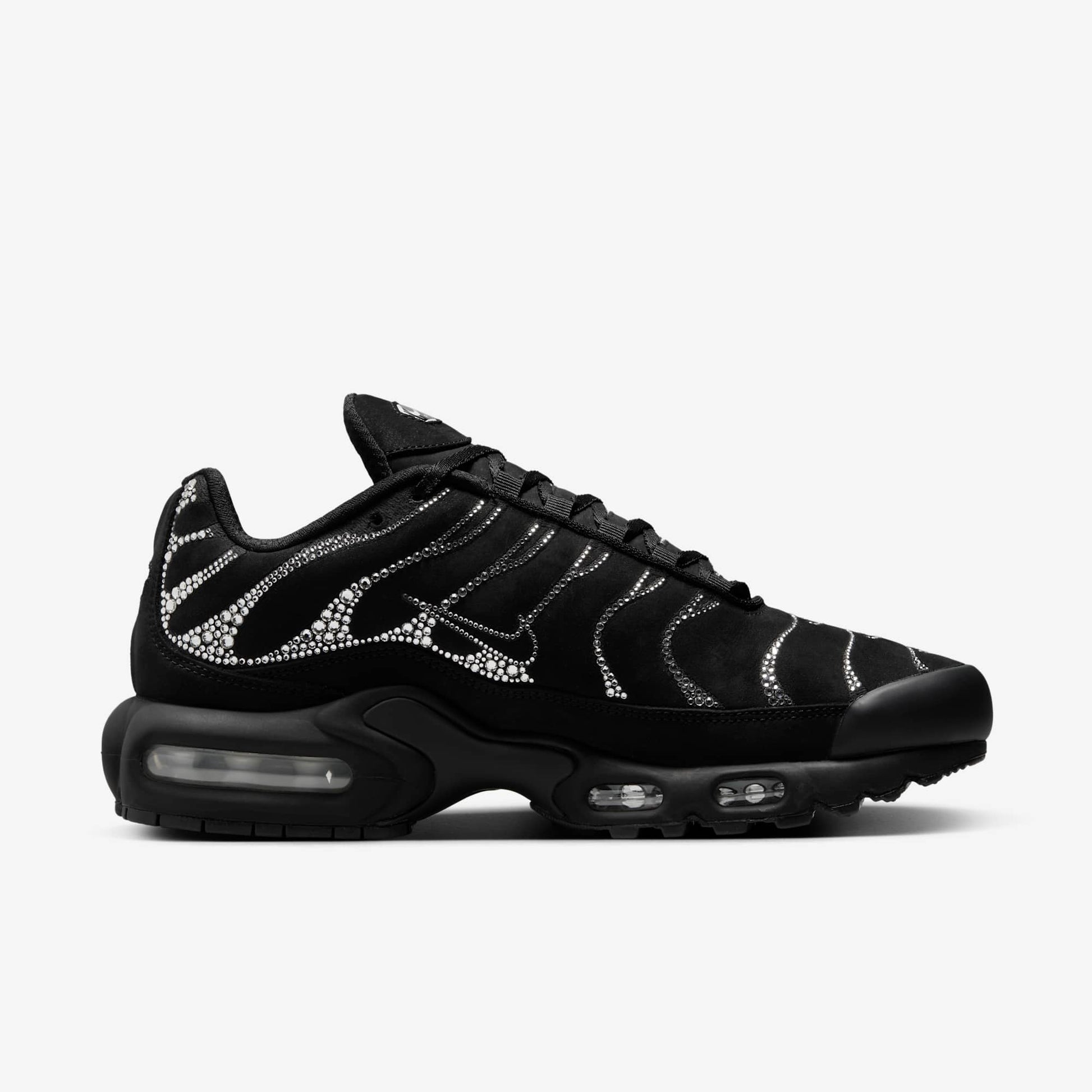 Nike Air Max Plus TN x Swarovski sneaker with crystal detailing in black color.