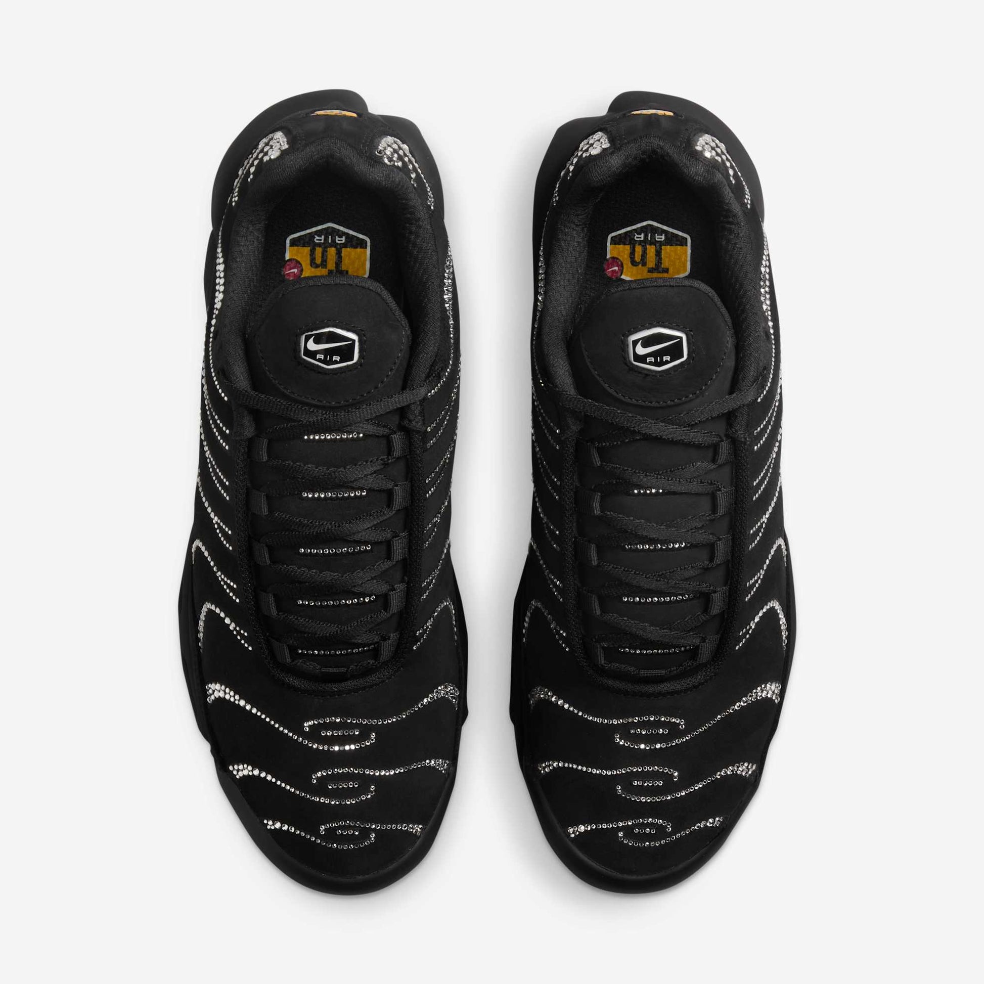 Nike Air Max Plus TN x Swarovski top view showing black mesh upper with Swarovski crystal detailing.
