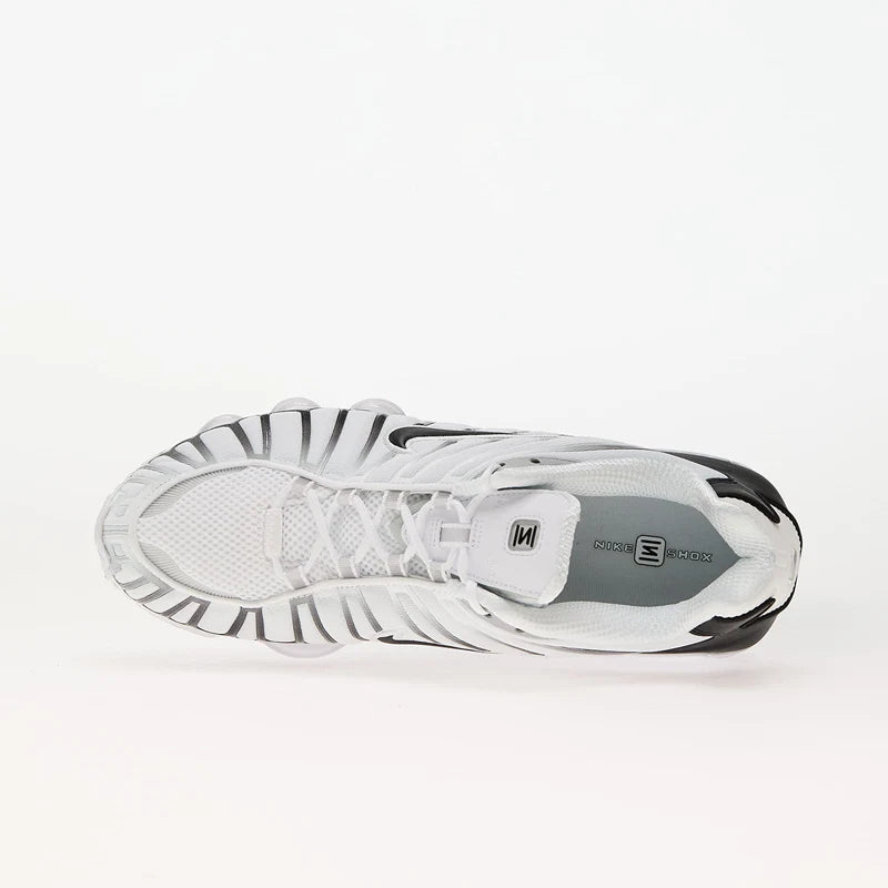 Nike Shox TL White/Black-Metallic Platinum shoe top view with breathable mesh and TPU overlays.