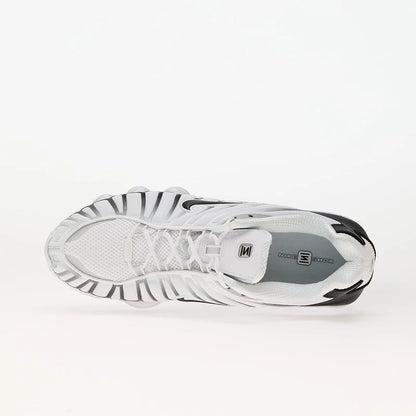 Nike Shox TL White/Black-Metallic Platinum shoe top view with breathable mesh and TPU overlays.