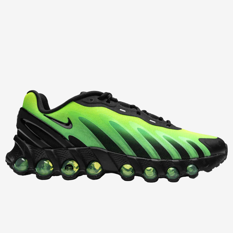 Nike Air Max Dn8 Black & Green Strike sneaker profile view with vibrant green details.
