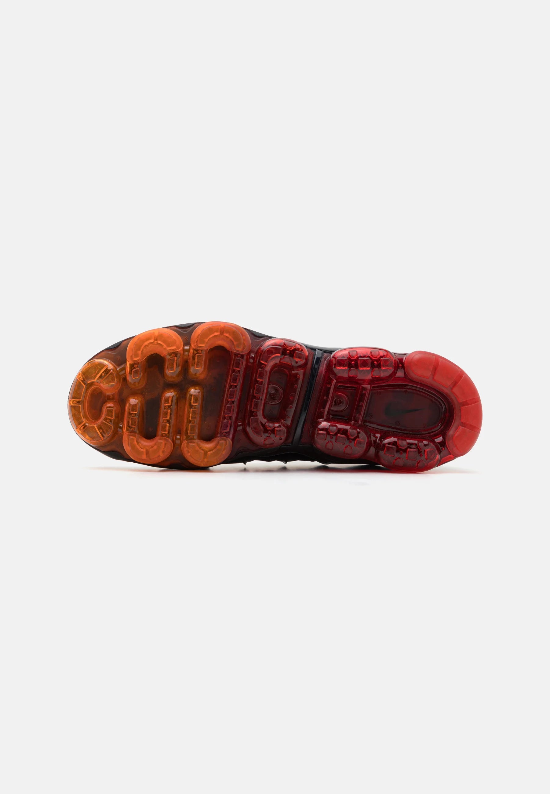 Nike Air VaporMax Plus Black Red Orange sneaker sole view with vibrant colors