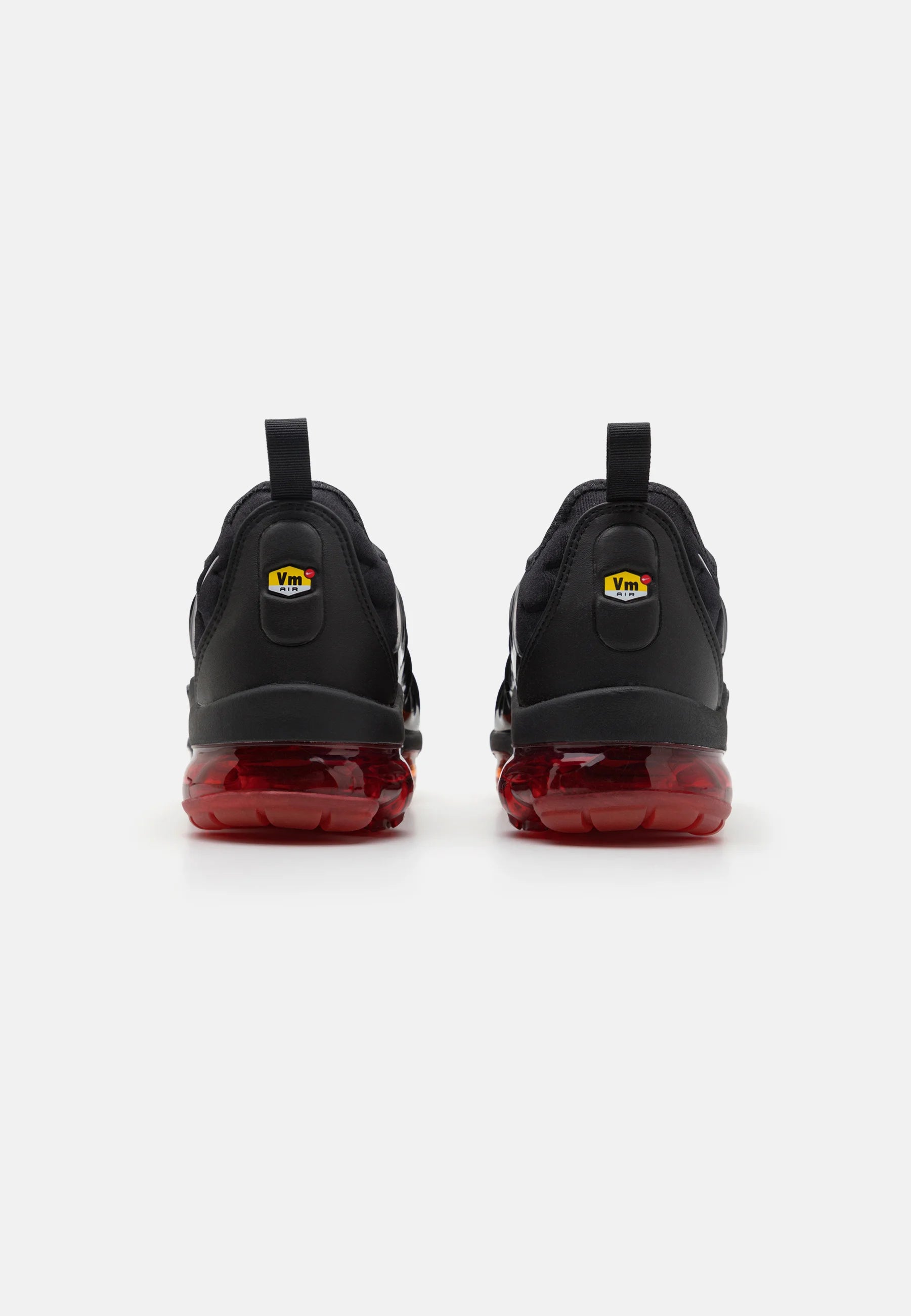 Nike Air VaporMax Plus Black Red Orange sneaker back view with distinctive red air unit.