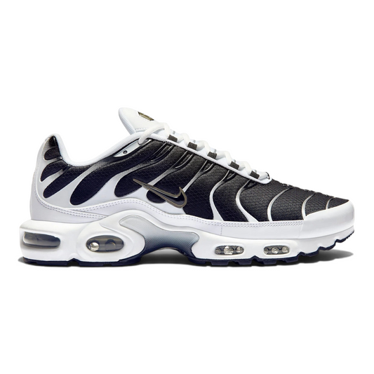 Αθλητικά παπούτσια Nike Air Max Plus TN από το SNEAKERZ SHOP σε λευκό, μαύρο και metallic pewter χρώμα.