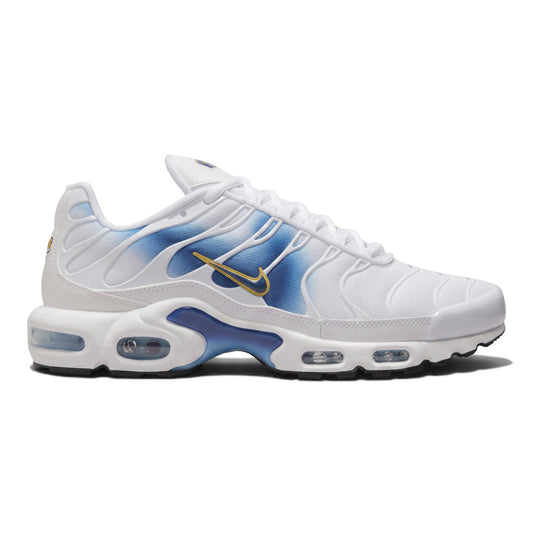 Αθλητικά παπούτσια SNEAKERZ SHOP Nike Air Max Plus TN σε λευκό και μπλε χρώμα με χρυσό λογότυπο Swoosh και αντικραδασμική προστασία
